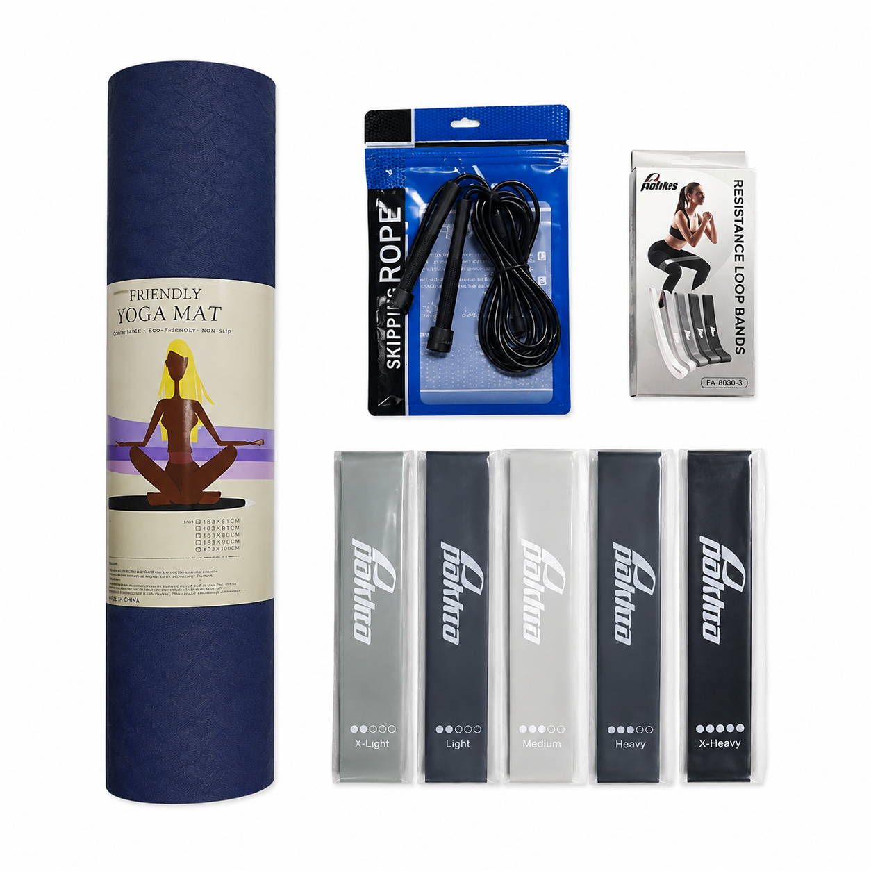 Pack Entraînement Complet – Tapis Yoga + Corde à Sauter + 5 Bandes de Résistance