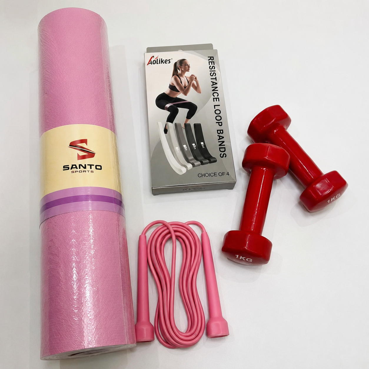 Pack Fitness Premium – Tapis Yoga + Bands Resistance + Corde à Sauter + Altères 1KG