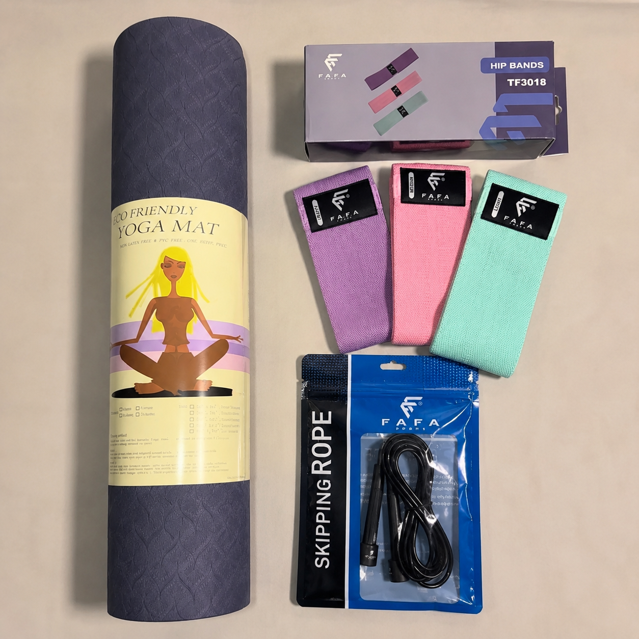 Pack Sport à la Maison – Tapis Yoga + Hip Bands + Corde à Sauter