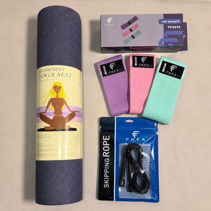 Pack Sport à la Maison – Tapis Yoga + Hip Bands + Corde à Sauter