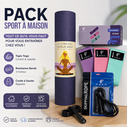 Pack Sport à la Maison – Tapis Yoga + Hip Bands + Corde à Sauter